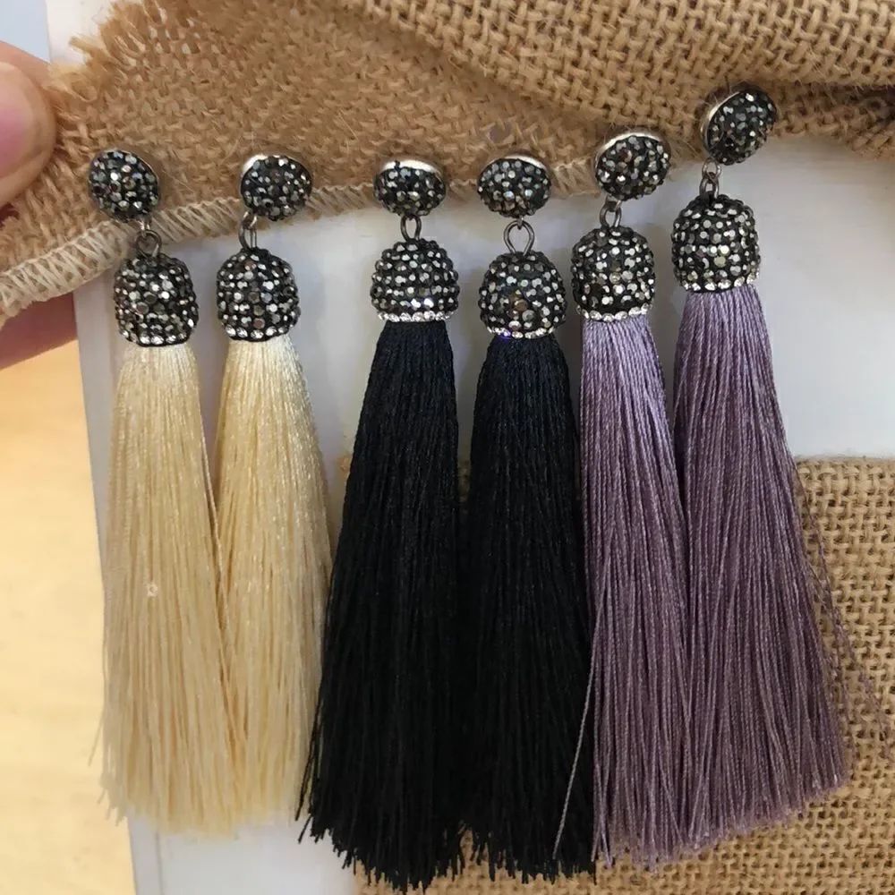 Pave crystal tassel earrings ivory black mauve 4”